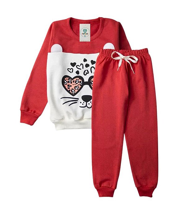 Conjunto Infantil Feminino Moletom Onça Óculos Vermelho Tam.10
