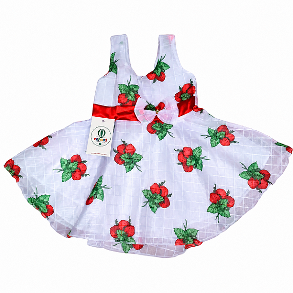 Vestido Social Branco com Morangos Veste 8 a 18 meses