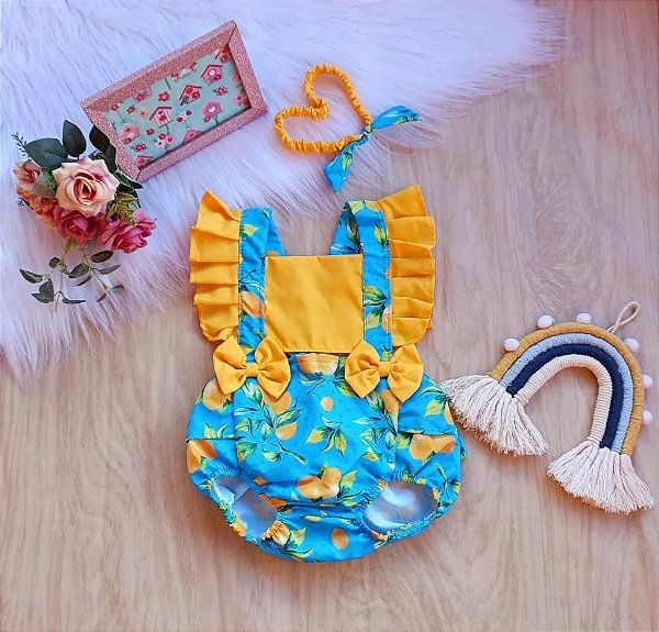Romper Limão com Faixa de Cabelo 6-12 meses