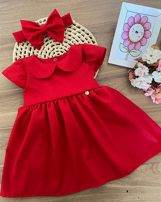 Vestido Luxo Vermelho com Faixa de Cabelo Tam.6-12 Meses