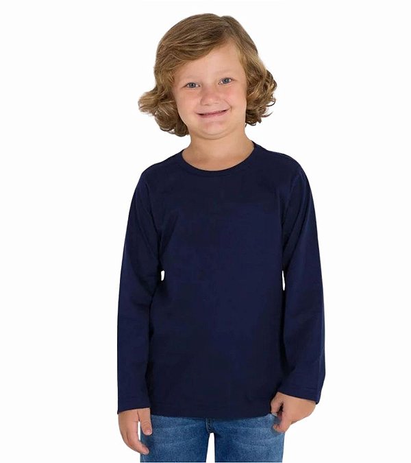 Camiseta Manga Longa Azul Marinho Malha Lisa Tam.8