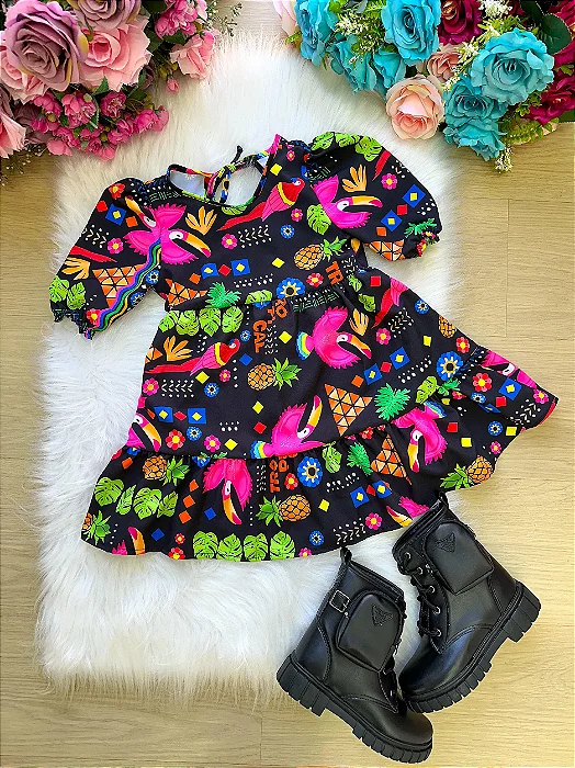 Vestido Encanto Modinha Preto Tropical Manguinha