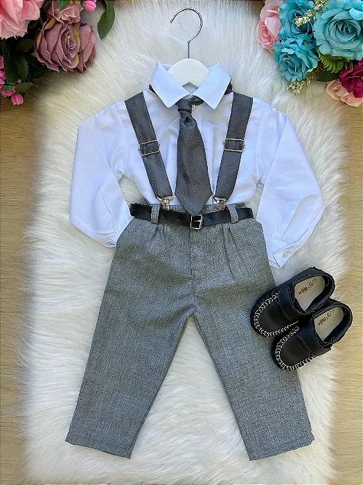 Conjunto Social Encanto Haidar Cinza Suspensório Cetim