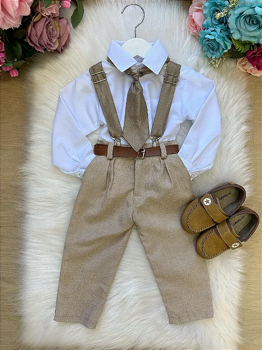 Conjunto Social Encanto Haidar Bege Caramelo Suspensório Cetim