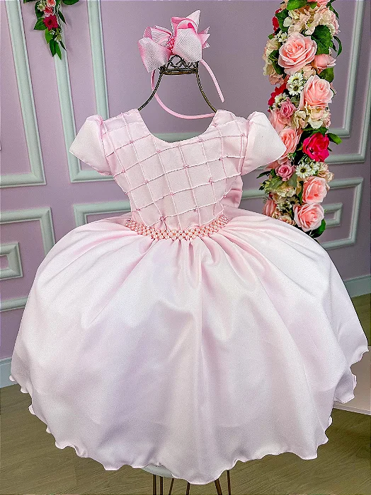 Vestido Luxo Encanto Pérola Rosa Bebê