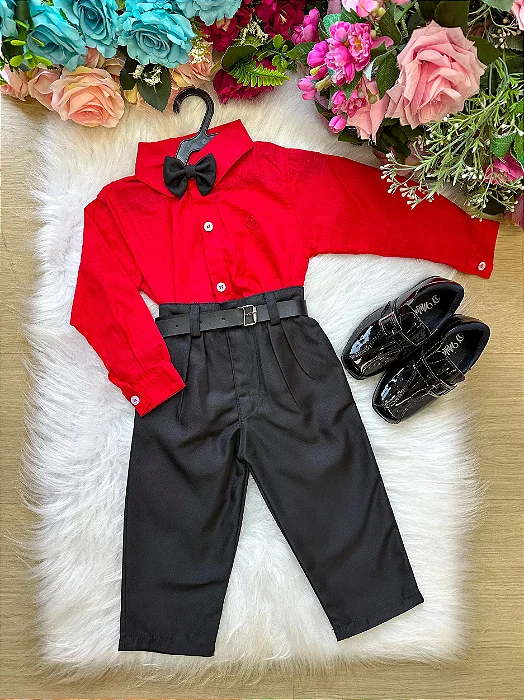 Conjunto Social Encanto Linho Vermelho e Preto