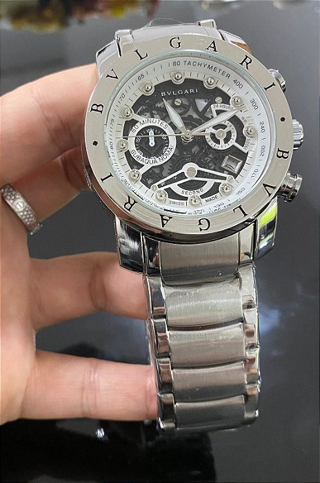 Relógio masculino Bvlgari skeleton Prata PRETO 100% funcional linha  Diamante - DAG IMPORTS VARIEDADES