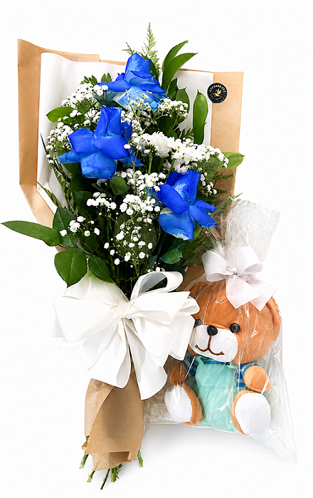 Ramalhete Azul De 3 Rosas E Ursinho