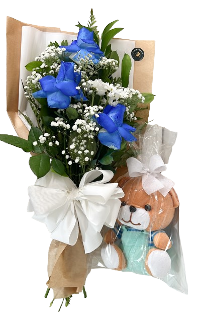 Ramalhete Azul De 3 Rosas E Ursinho
