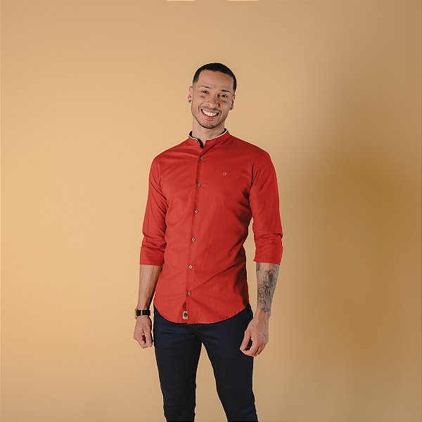CAMISA VICENZA LINHO MANGA LONGA GOLA PADRE VIÉS CANELA