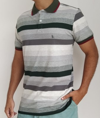 CAMISA POLO PREMIUM LISTRADA CINZA / VERDE EDGE