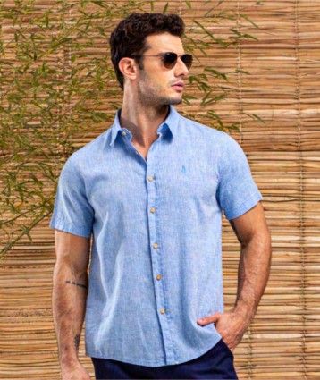 CAMISA LINHO MC ANKOR AZUL JEANS
