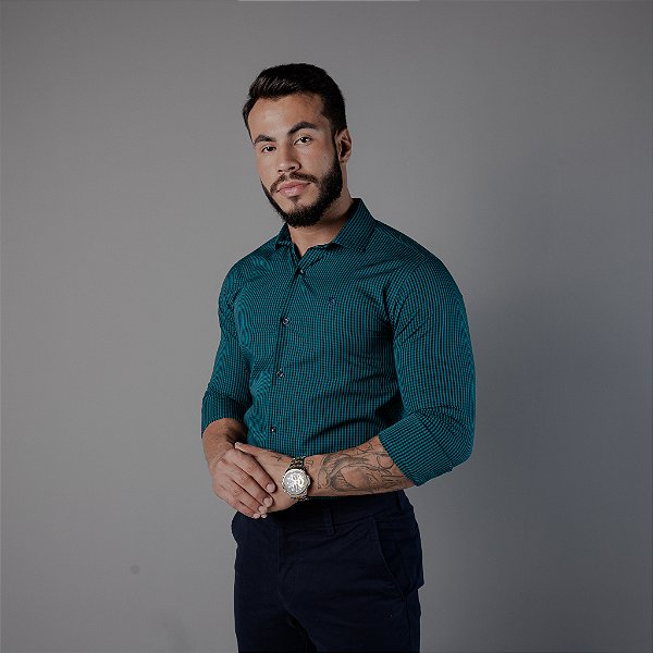 CAMISA VICENZA MANGA LONGA ALGODÃO EGÍPCIO VICHY VERDE ESCURO
