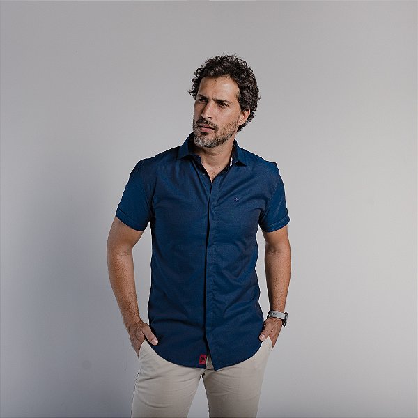 CAMISA VICENZA MANGA CURTA BOTÃO COBERTO AZUL