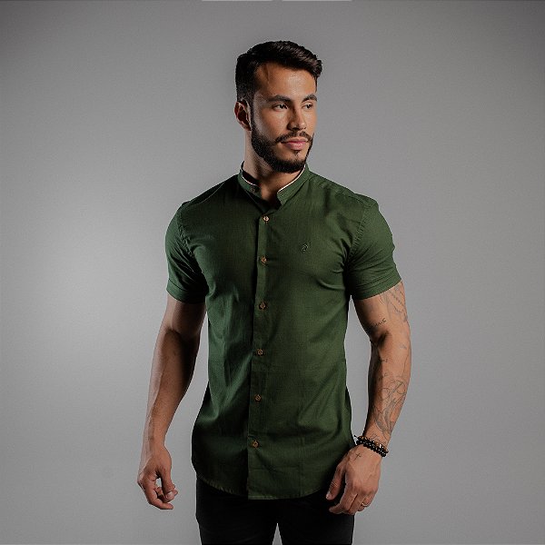 Camisa Vicenza Linho Manga Curta Gola Padre Viès Verde Garrafa