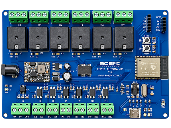 Placa ACEPIC - ESP32-AUTOMA 6R com 6 Saídas e 6 Entradas optoacopladas