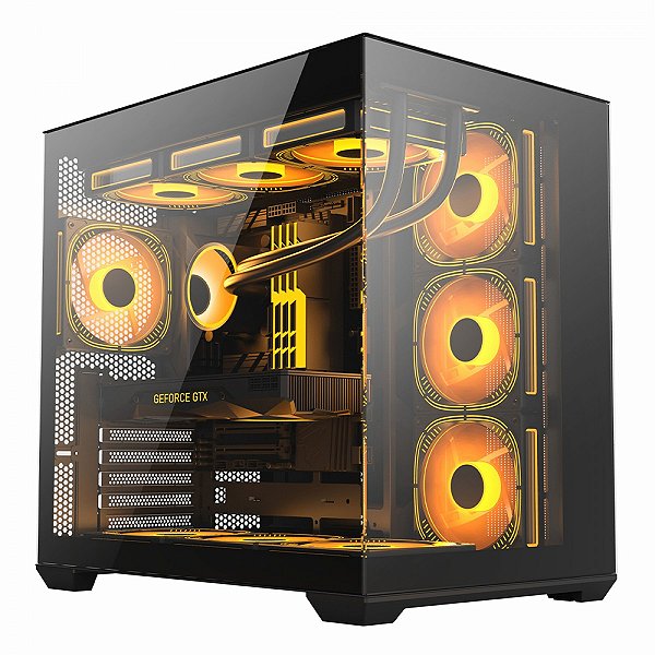 Gabinete Gamer Liketec Atlas Dark, Aquário, Mid Tower, Vidro Temperado, ATX, Sem Fonte, Com 6 Fans Argb, Preto