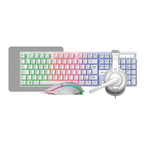 Combo Gamer 4 em 1 Bluecase Play, Rainbow, ABNT2, 2400DPI, Drivers 40mm, USB, Branco, BGHPKM-01WBX