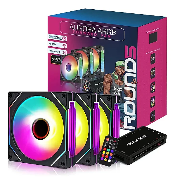 KIT 6 FANS ROUND5 AURORA PRETO COM CONTROLADORA ARGB