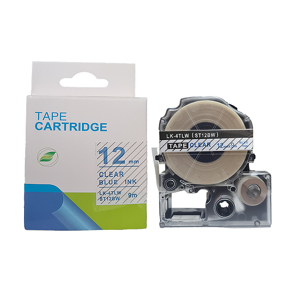 Fita adesiva compativel com LK-4TLW, azul sobre transparente, largura 12mm (modelo ST12BW)
