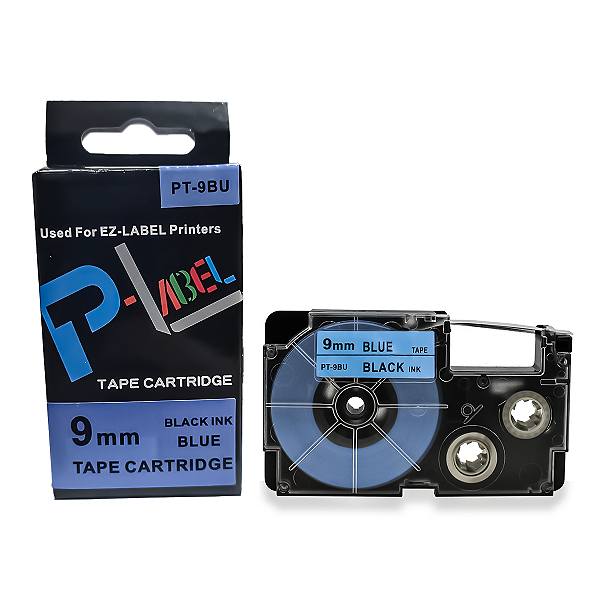 Fita Compatível com XR-9BU1, 9mm largura, preto sobre azul (modelo PT-9BU)