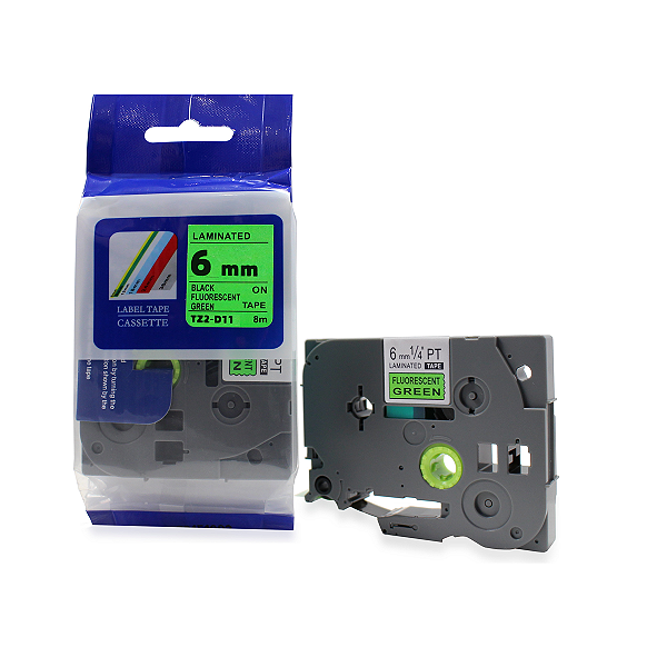 Fita Laminada Compatível com TZ-D11 / TZE-D11, 6mm largura, preto sobre verde fluorescente (modelo TZ2-D11)