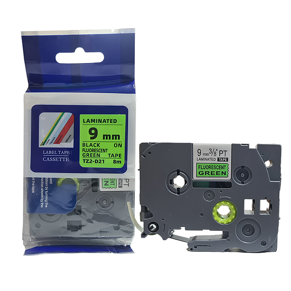 Fita Laminada Compatível com TZ-D21 / TZE-D21, 9mm largura, preto sobre verde fluorescente (modelo TZ2-D21)