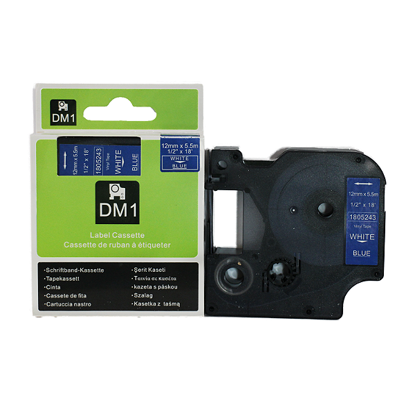 Fita Adesiva de Vinil Compatível com 1805423, branco sobre azul, largura 12mm, comprimento 5,5m