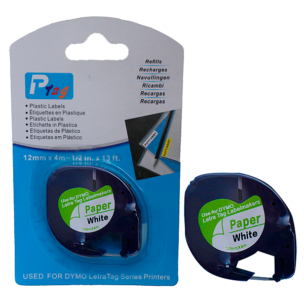Fita Adesiva de Papel Compatível com 10697, preto sobre branco, largura 12mm, comprimento 4m (modelo 10697)
