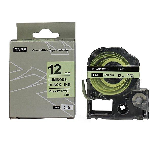 Fita adesiva compativel com LK-4ZBU, preto sobre verde fosforescente, largura 12mm, comprimento 5m (modelo PTe-SY12YD)