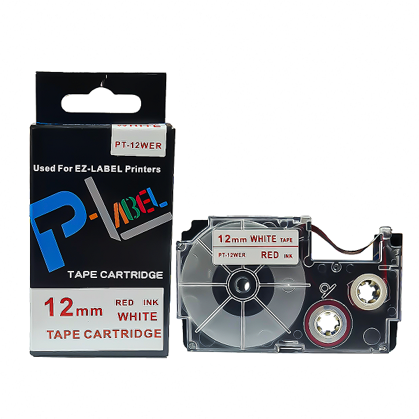 Fita Compatível com XR-12WER1, 12mm largura, vermelho sobre branco (modelo PT-12WER)