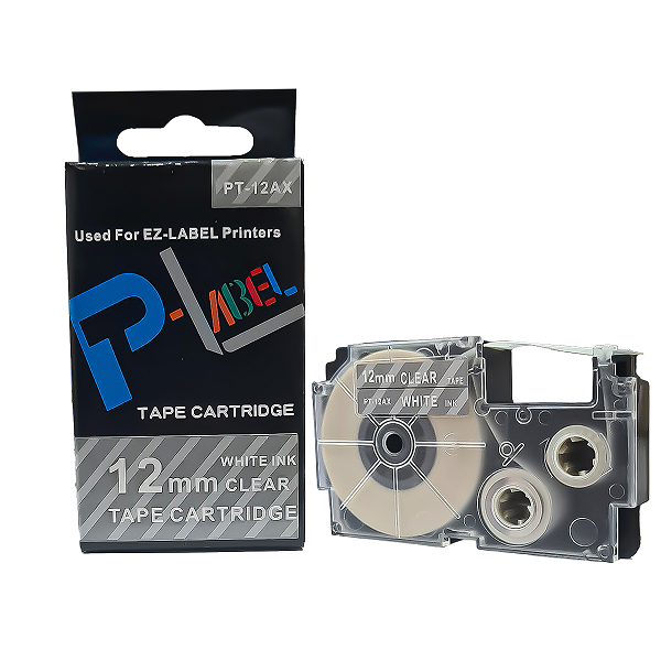Fita Compatível com XR-12AX1, 12mm largura, branco sobre transparente (modelo PT-12AX)
