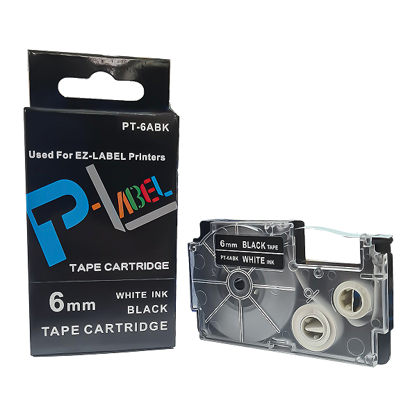 Fita Compatível com XR-6ABK1, 6mm largura, branco sobre preto (modelo PT-6ABK)