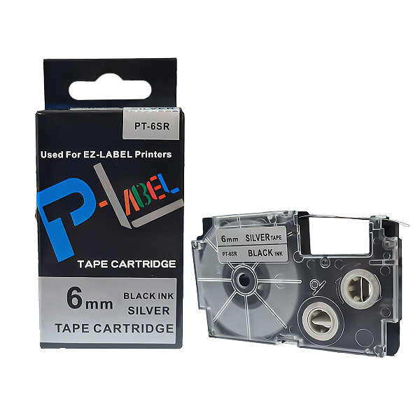 Fita Compatível com XR-6SR1, 6mm largura, preto sobre prata (modelo PT-6SR)