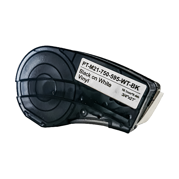 Fita Adesiva Vinil Compatível M21-750-595-WT, preto sobre branco, largura 19mm, comprimento 6,4m, com chip