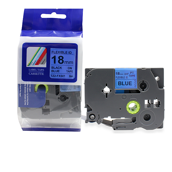 Fita Laminada Flexível Compatível com TZ-FX541 / TZE-FX541, 18mm largura, preto sobre azul (modelo TZ2-FX541)