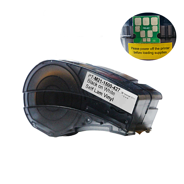 Fita Auto-Laminada Compatível M21-1500-427, preto sobre branco, largura 38mm, comprimento 4.27m, com chip