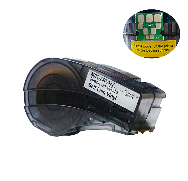 Fita Auto-Laminada Compatível M21-750-427, preto sobre branco, largura 19mm, comprimento 6,4m, com chip