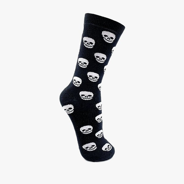 Meia Cano Alto Caveira Fundo Preto