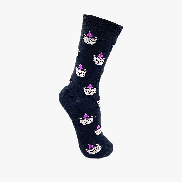 Meia Cano Alto Gatinho de Chapéu Fundo Preto