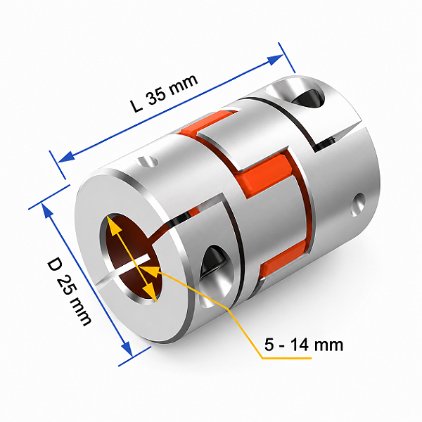 Acoplamento Elástico D25L35 3 Garras em Alumínio para Servo Motor CNC | Furos 5 a 14 mm