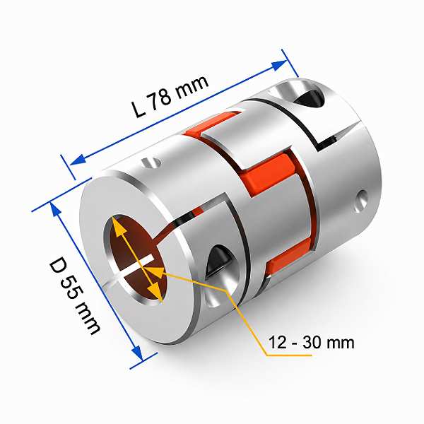 Acoplamento Elástico D55L78 4 Garras em Alumínio para Servo Motor CNC | Furos 12 a 30 mm