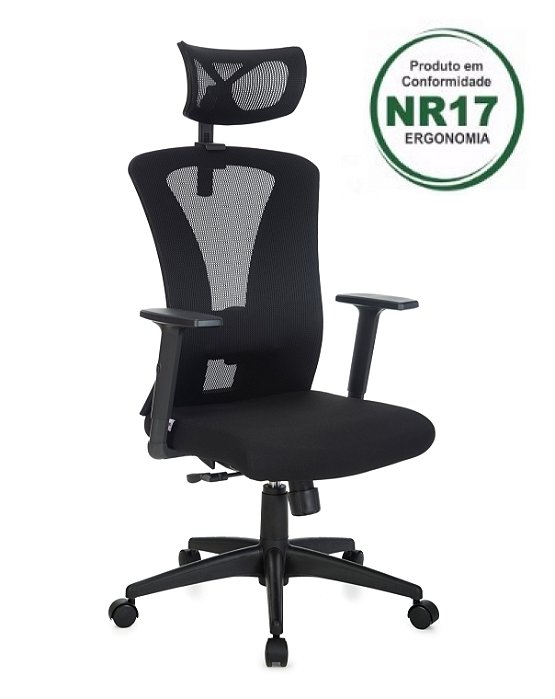 Cadeira Office Presidente Ergon.(NR17), Mec. Sincronizado, Aj. Braços, Encosto Tela