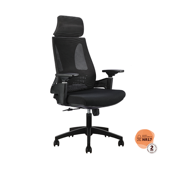 Cadeira Office Toledo(NR17) C/ Encosto Cabeça, Base Nylon, Braços 3D, Encosto C/ Sistema Relax Em Tela Mesh