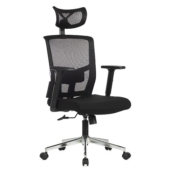 Cadeira Office Presidente Base Cromada, Reg. Braços, Encosto C/ Tensor Lombar e Mec. Relax Em Tela