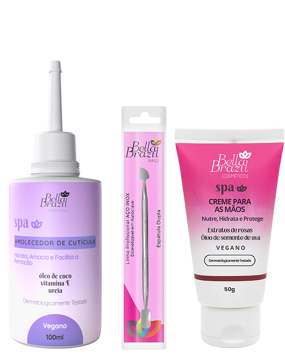 Kit Cuticulas Perfeitas 03 itens - Amolecedor + Creme para Mãos + Espátula Dupla