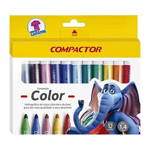 Caneta Hidrocor Ponta Grossa 12 cores Lavável - Compactor