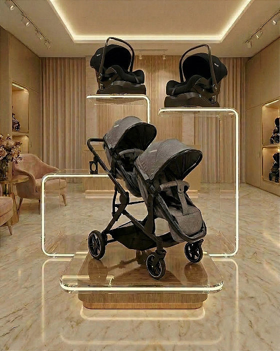 Carrinho para 2 Crianças + 2 Bebês conforto + 2 Bases tradicionais Melange Cinza Pair Kiddo