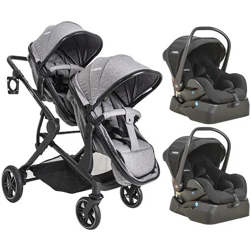 Carrinho para 2 Crianças + 2 Bebês conforto + 2 Bases tradicionais Melange Cinza Pair Kiddo