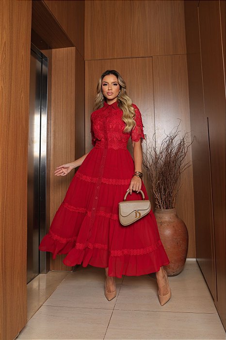 Vestido Chiffon detalhes no Guipir - Vermelho